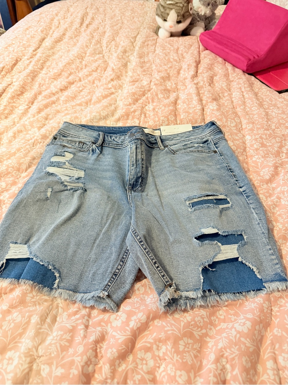 Cato Light Blue Distressed Denim Shorts with Dark Blue Patch Accents